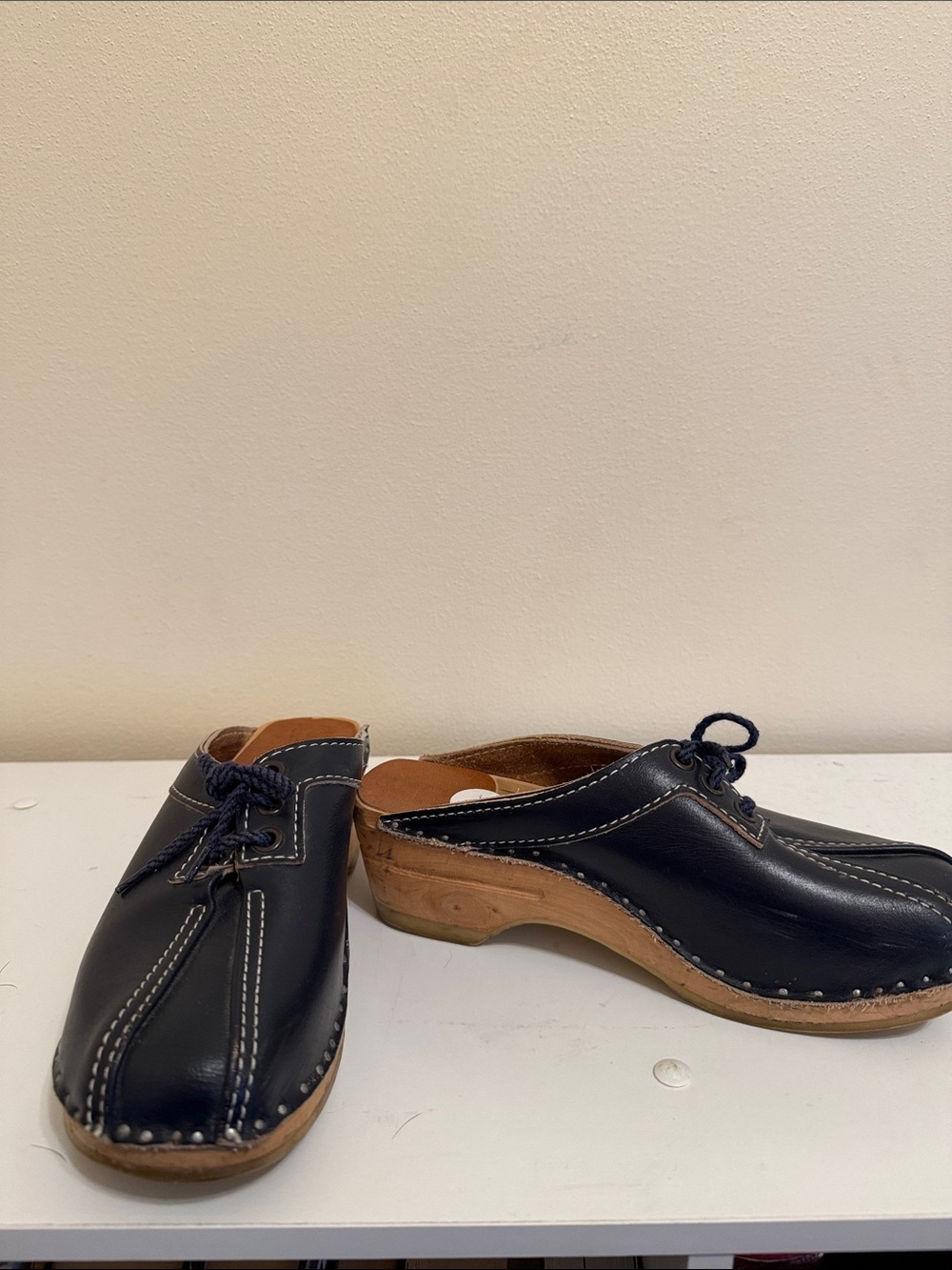 Bastad Original Navy Blue Leather Clog Mules with Wood Heel